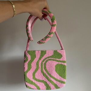 Pink & Green Beaded Headband and Purse Set